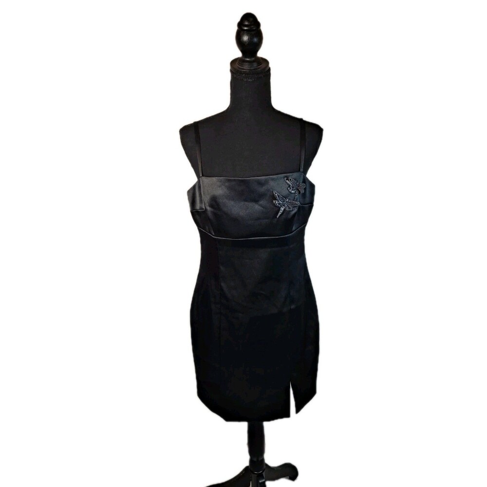 Hugo Buscati Vintage Y2K Dragonfly Slip Dress Sz 12 Black Satin Spaghetti Strap